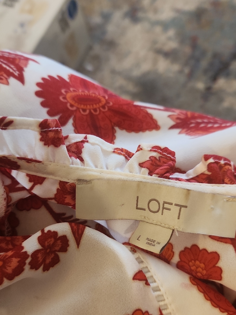 LOFT Blouse TOP Ruffled Collar Pull On DRESSY  Red White FLORAL SEMI SHEER SHIRT - Picture 10 of 10